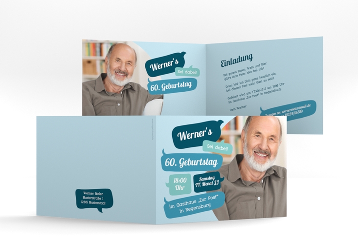 Einladung 60. Geburtstag Whatsup A6 Klappkarte quer blau
