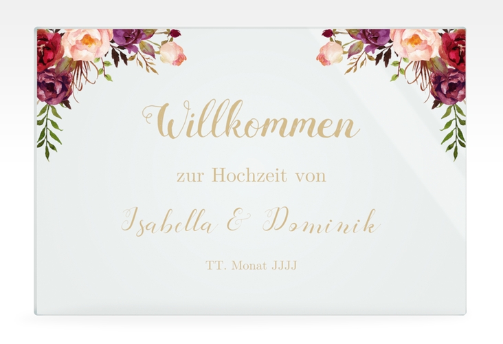 Willkommensschild Acryl Flowers 60 x 40 cm Acryl lila mit bunten Aquarell-Blumen