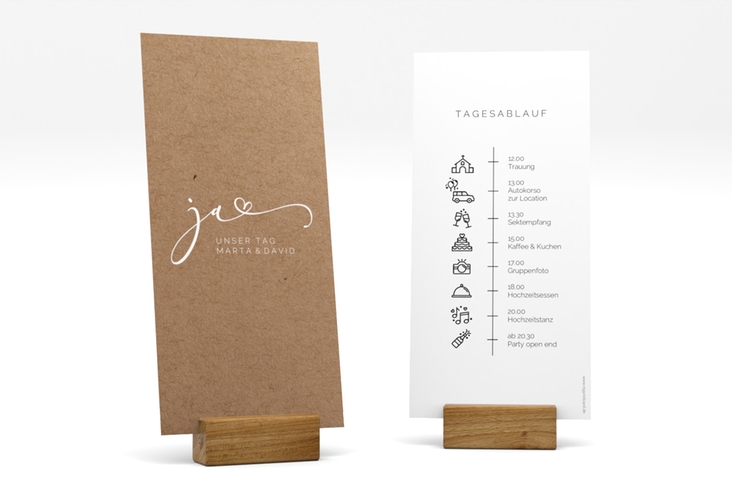 Tagesablauf Hochzeit Jawort lange Karte hoch Kraftpapier hochglanz modern minimalistisch mit veredelter Aufschrift