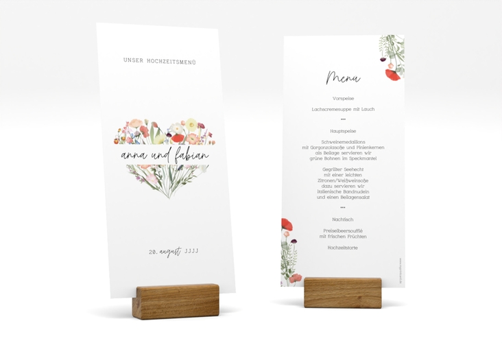 Menükarte Hochzeit Wildblumenherz lange Karte hoch