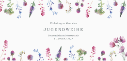 Einladung Jugendweihe Sommerwiese lange Karte quer weiss mit violetten Aquarell-Blümchen