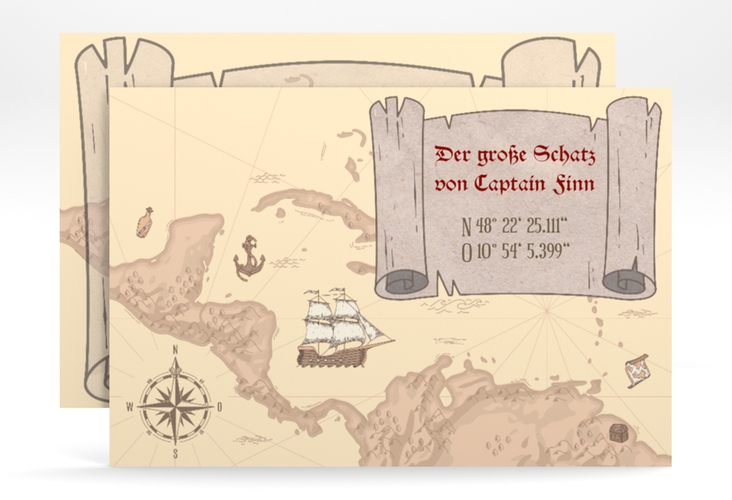 Einladungskarte Kindergeburtstag Schatzsuche A6 Karte quer beige