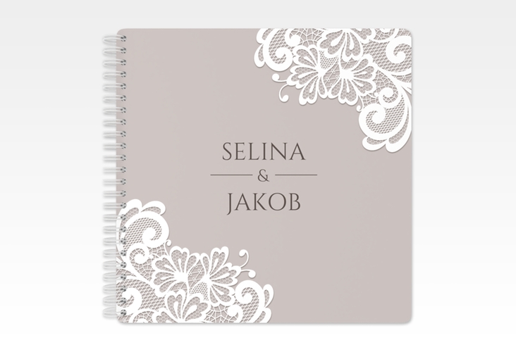 Gästebuch Hochzeit Vintage Ringbindung grau mit floraler Spitze
