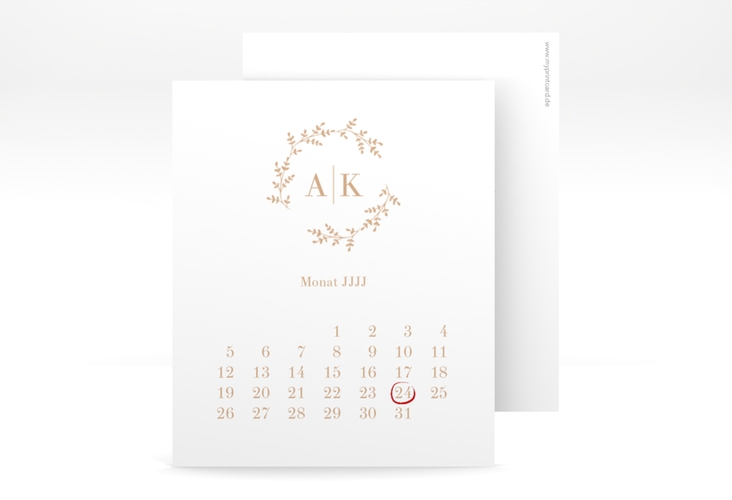 Save the Date-Kalenderblatt Filigrana Kalenderblatt-Karte beige in reduziertem Design mit Initialen und zartem Blätterkranz