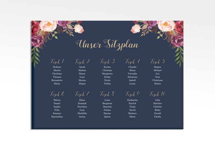 Sitzplan Leinwand Hochzeit Flowers 70 x 50 cm Leinwand blau mit bunten Aquarell-Blumen