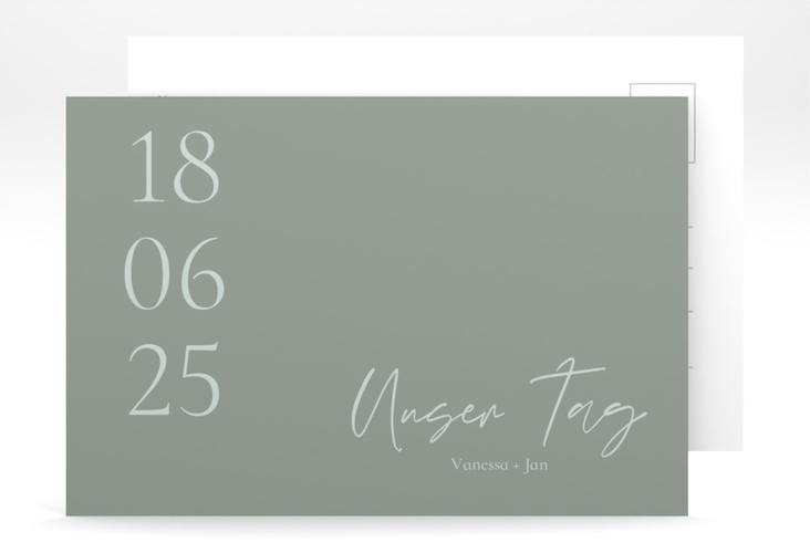 Antwortkarte Hochzeit Day A6 Postkarte gruen hochglanz mit Datum im minimalistischen Design
