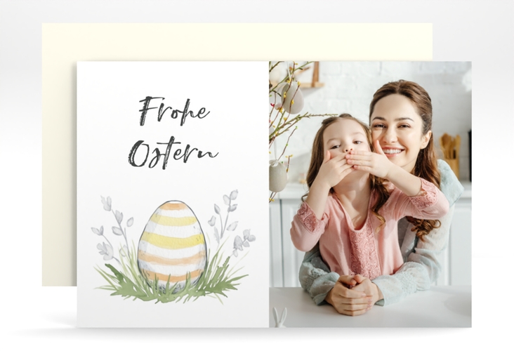 Osterkarte Frühlingsnest A6 Karte quer mit gestreiftem Osterei und Schneeglöckchen