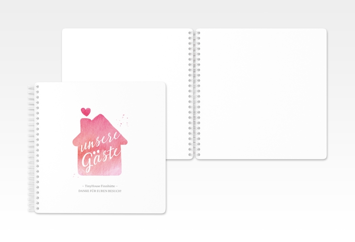 Gästebuch Ferienwohnung Tiny House Ringbindung rot mit Aquarell-Häuschen