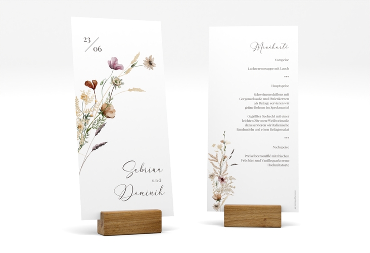 Menükarte Hochzeit Sauvages lange Karte hoch mit getrockneten Wiesenblumen