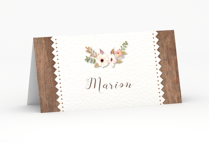 Tischkarte Hochzeit Heimatjuwel Tischkarten braun hochglanz mit Hirschgeweih und Holz-Hintergrund