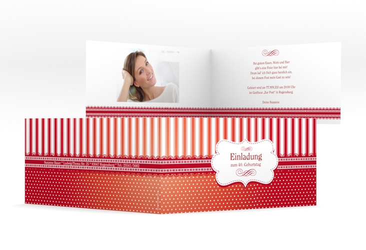 Einladung 40. Geburtstag Heinrich/Henriette lange Klappkarte quer rot mit frechen Polka Dots