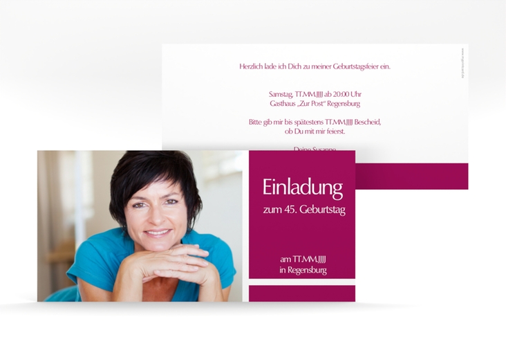 Einladung Geburtstag Gerd/Gerda lange Karte quer pink hochglanz mit Foto