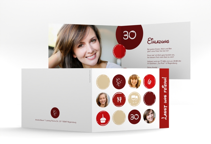 Einladung 30. Geburtstag Circles A6 Klappkarte quer rot