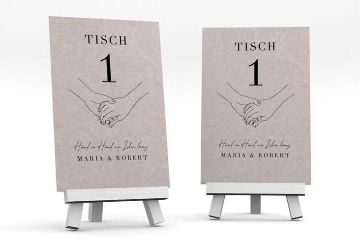 Tischnummer Hochzeit Hands Tischaufsteller Kraftpapier mit sich haltenden Händen im Monoline-Stil