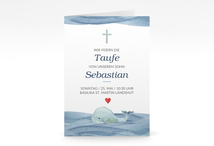Einladungskarte Taufe Blauwal A6 Klappkarte hoch hochglanz