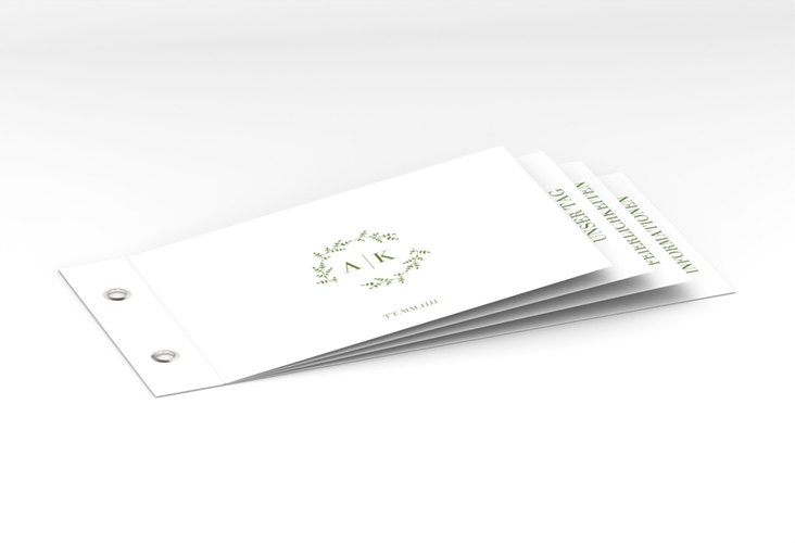 Hochzeitseinladung Filigrana Booklet gruen hochglanz in reduziertem Design mit Initialen und zartem Blätterkranz