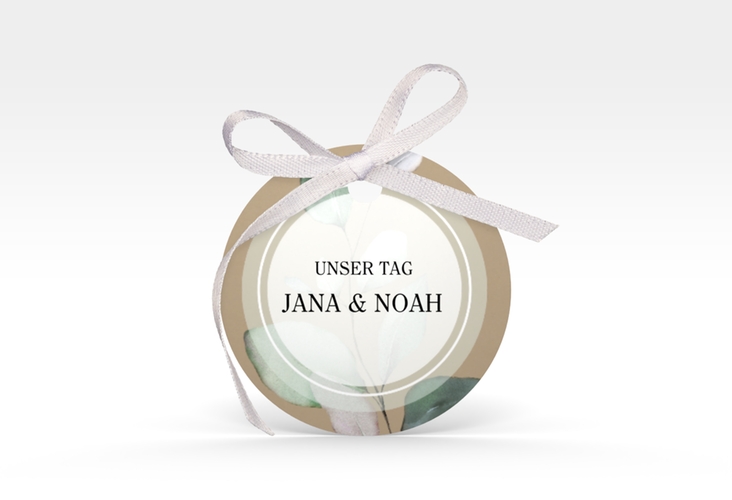 Geschenkanhänger Hochzeit Foglia Geschenkanhänger, rund Kraftpapier edel mit Eukalyptus im Aquarell-Design