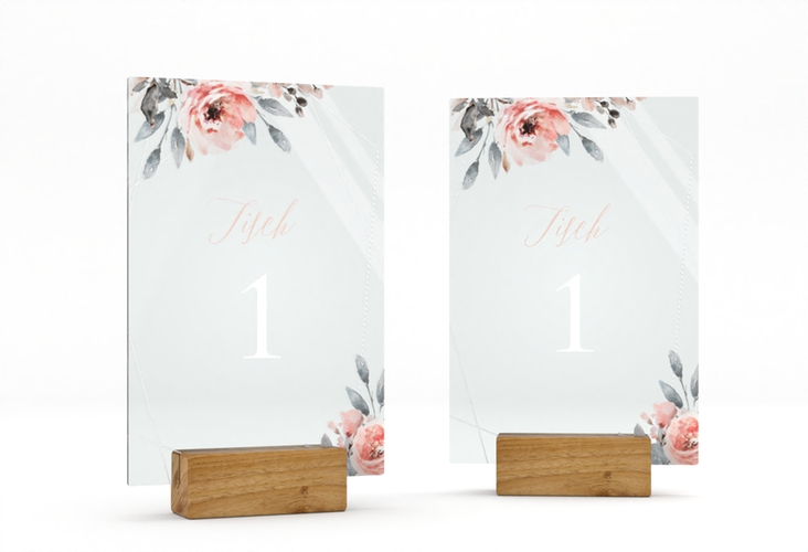 Tischnummer Acryl Hochzeit Perfection Tischaufsteller Acryl weiss mit rosa Rosen