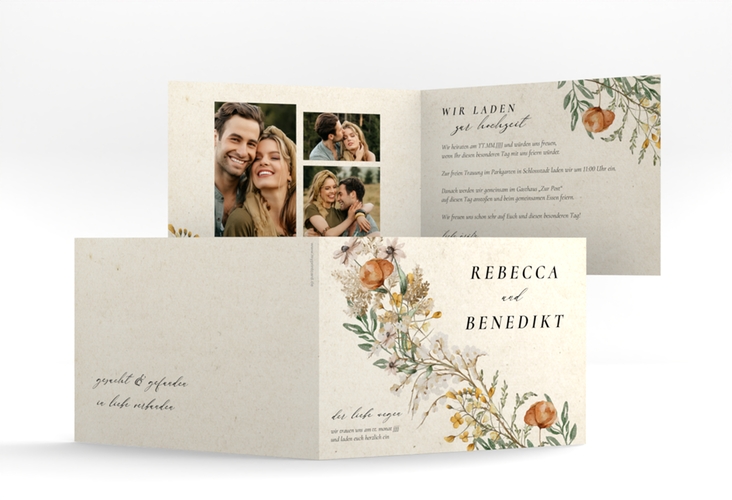 Hochzeitseinladung Wildfang A6 Klappkarte quer mit getrockneten Wiesenblumen