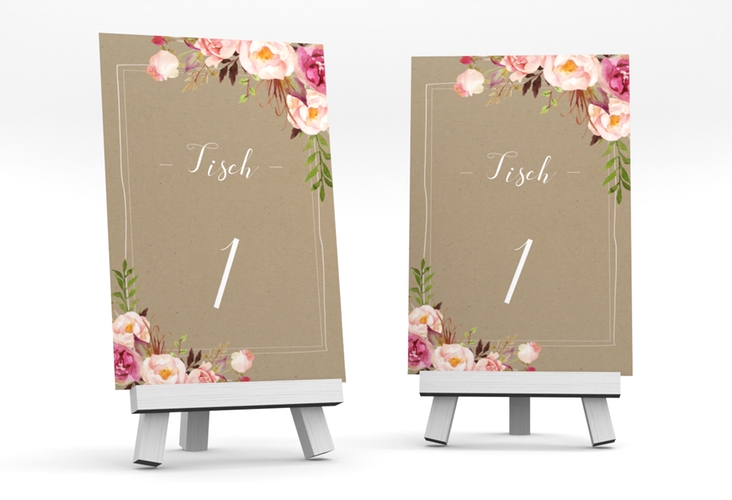 Tischnummer Hochzeit Flowers Tischaufsteller Kraftpapier mit bunten Aquarell-Blumen