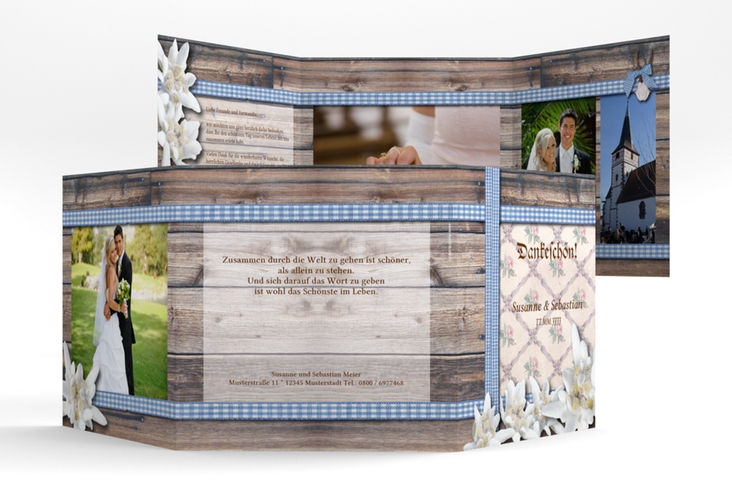 Danksagungskarte Hochzeit Bayern quadr. Doppel-Klappkarte blau hochglanz mit Edelweiß in rustikaler Holz-Optik
