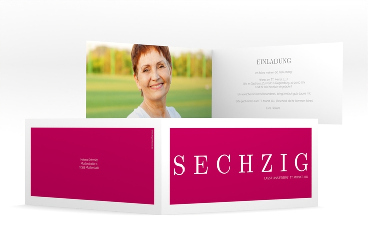 Einladung 60. Geburtstag Schlicht lange Klappkarte quer pink