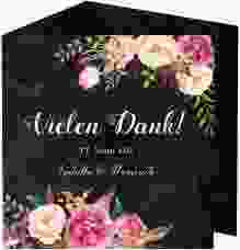 Dankeskarte Hochzeit Flowers quadr. Doppel-Klappkarte schwarz mit bunten Aquarell-Blumen