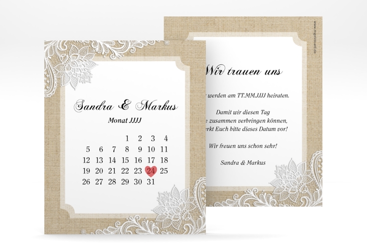 Save the Date-Kalenderblatt Lace Kalenderblatt-Karte beige hochglanz in Leinen-Optik mit weißer Spitze