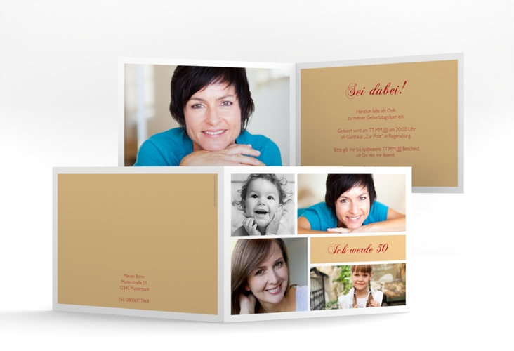 Einladung 50. Geburtstag Bilderserie A6 Klappkarte quer beige mit mehreren Fotos