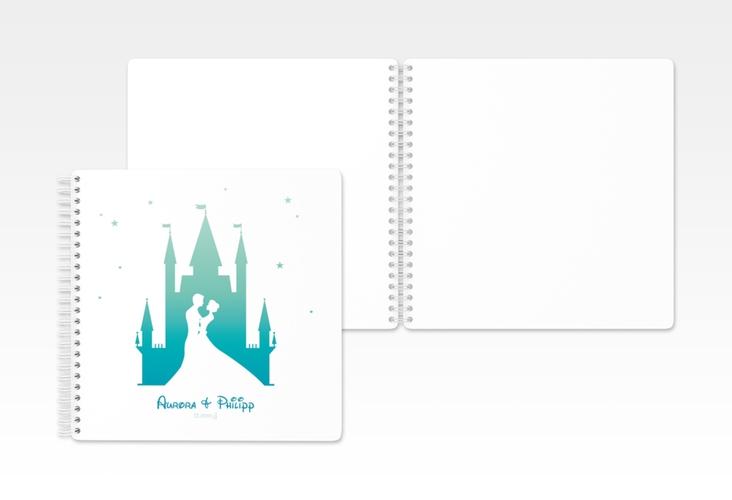 Gästebuch Hochzeit Castle Ringbindung tuerkis mit Silhouette von Märchenschloss mit Prinz und Prinzessin