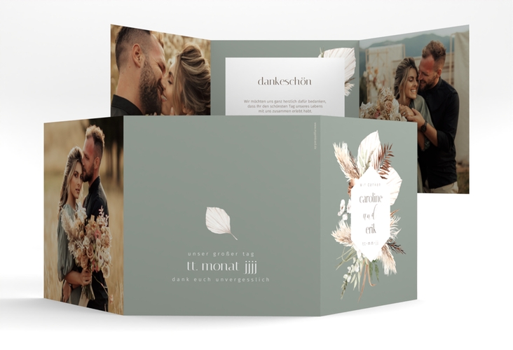 Dankeskarte Hochzeit Bohemian quadr. Doppel-Klappkarte gruen hochglanz