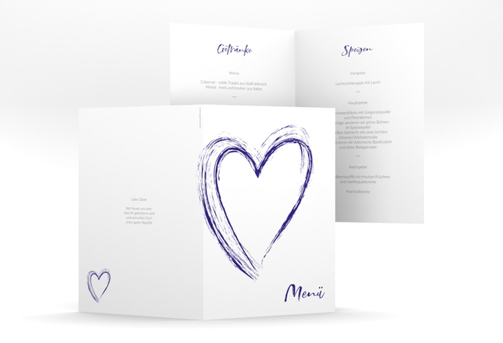 Menükarte Hochzeit Liebe A5 Klappkarte hoch blau hochglanz