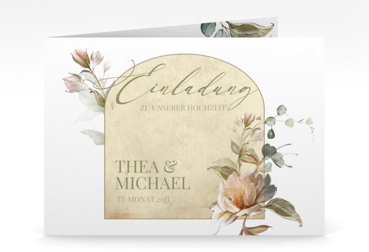 Hochzeitseinladung Dornröschen mittlere Klappkarte quer weiss mit Aquarell-Rosen im Vintage-Look