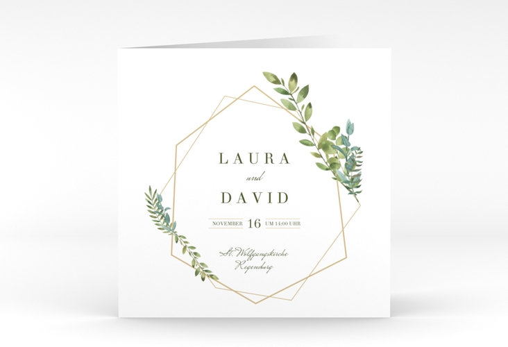 Hochzeitseinladung Herbarium quadr. Klappkarte mit geometrischem Rahmen und Blätter-Dekor