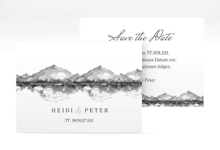 Save the Date-Visitenkarte Bergliebe Visitenkarte quer grau hochglanz mit Gebirgspanorama für Berghochzeit