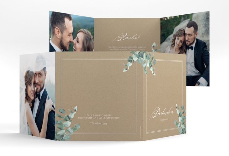 Dankeskarte Hochzeit Eucalypt quadr. Doppel-Klappkarte Kraftpapier hochglanz mit Eukalyptus und edlem Rahmen