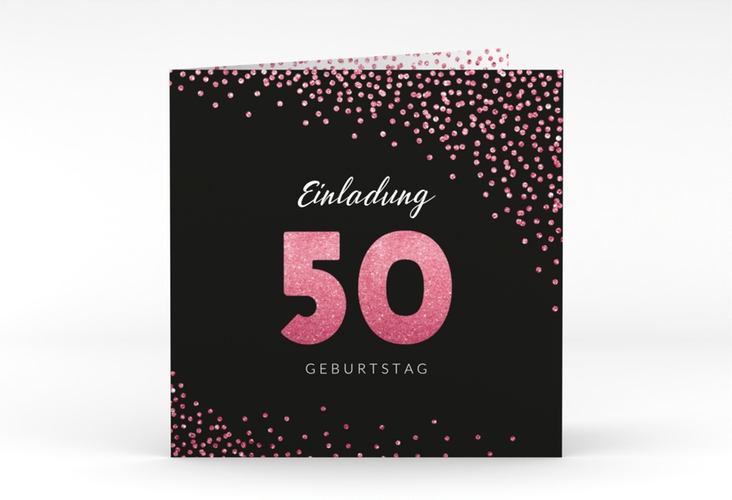 Einladung 50. Geburtstag Glitzer quadr. Klappkarte pink