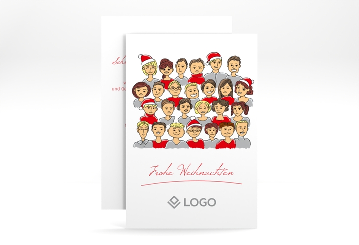 Geschäftliche Weihnachtskarte "Team" A6 hoch und weiß mit Team-Illustration