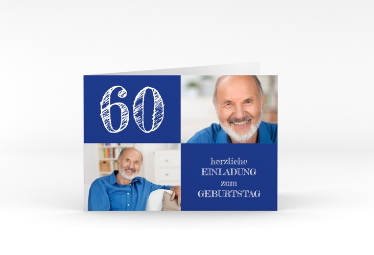 Einladung 60. Geburtstag Lebensfreude A6 Klappkarte quer blau hochglanz