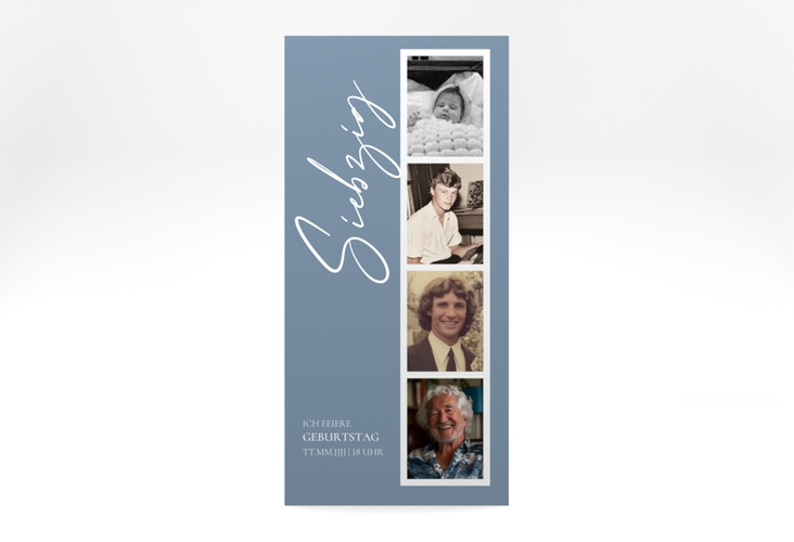 Einladung 70. Geburtstag Zeitabschnitt lange Karte hoch blau hochglanz