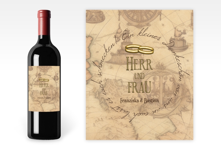 Weinflaschenetikett Hochzeit Zwei Ringe Etikett Weinflasche 4er Set beige mit Eheringen und Fantasy-Landkarte