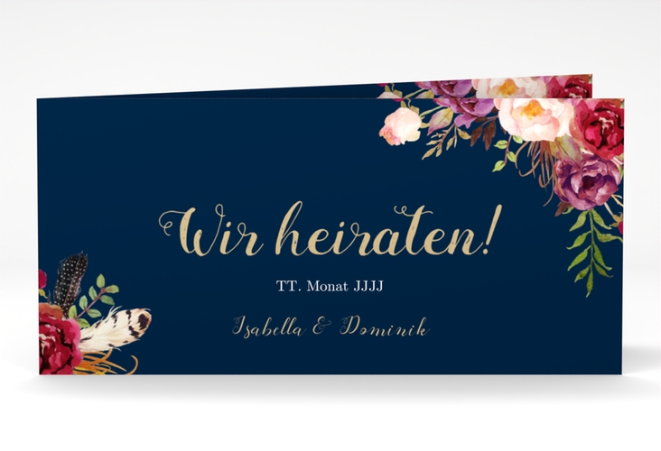 Hochzeitseinladung Flowers lange Klappkarte quer blau hochglanz mit bunten Aquarell-Blumen