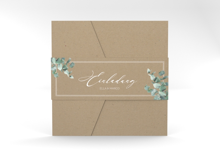 Hochzeitseinladung Eucalypt Pocketfold Kraftpapier mit Eukalyptus und edlem Rahmen