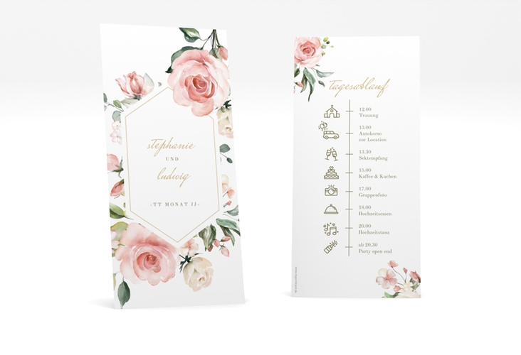 Tagesablauf Hochzeit Graceful lange Karte hoch weiss hochglanz mit Rosenblüten in Rosa und Weiß