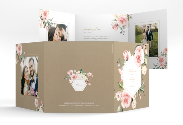 Dankeskarte Hochzeit Graceful quadr. Doppel-Klappkarte mit Rosenblüten in Rosa und Weiß