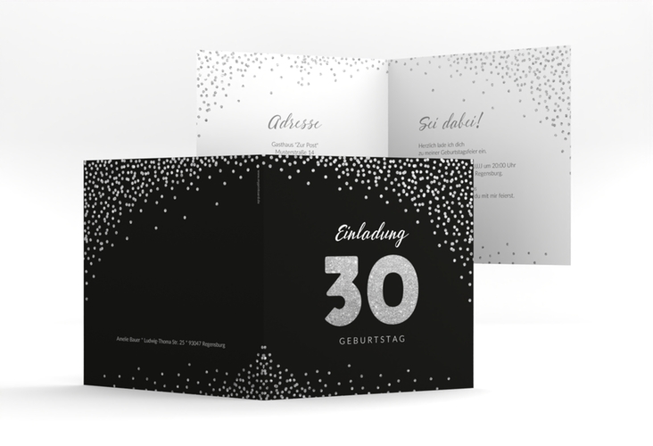 Einladung 30. Geburtstag Glitzer quadr. Klappkarte grau hochglanz