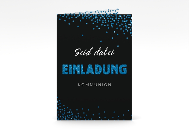 Kommunionseinladung Glittery A6 Klappkarte hoch blau