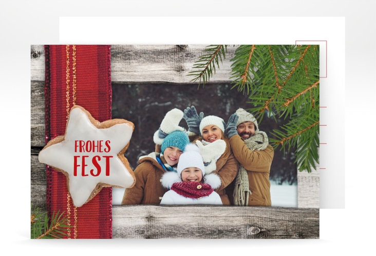 Weihnachtskarte Zimtstern A6 Postkarte rot hochglanz in rustikaler Holz-Optik mit Foto