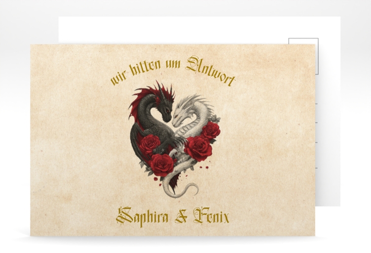 Antwortkarte Hochzeit Drachenliebe A6 Postkarte mit schwarzem und weißem Drachen zu einem Herz verschlungen