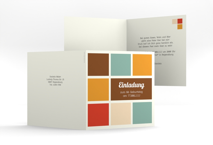 Einladung 60. Geburtstag Daniel/Daniela quadr. Klappkarte braun in Retro-Farben